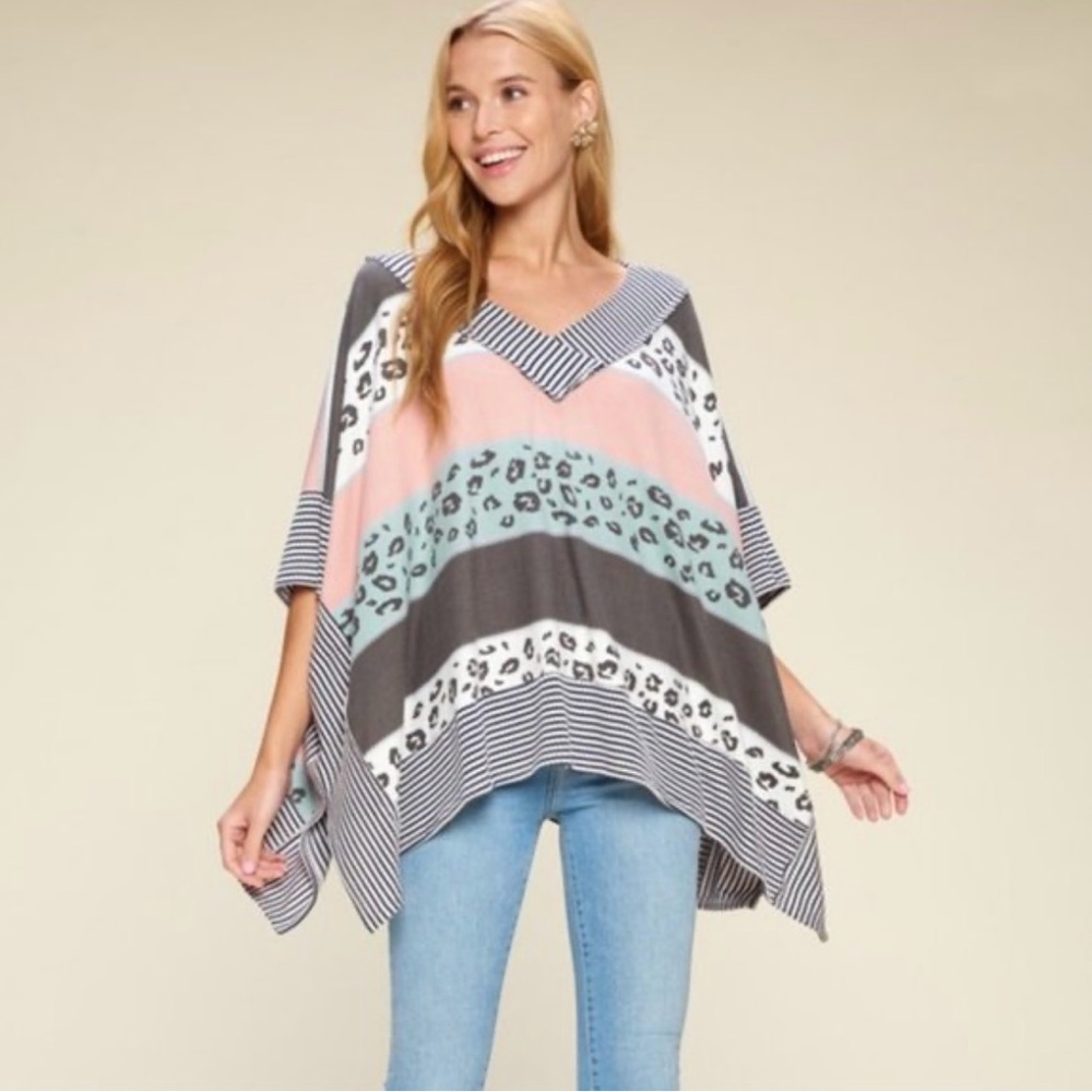 ODDY Blue and Tan Oversized Asymmetrical Tunic with Dolman Sleeves